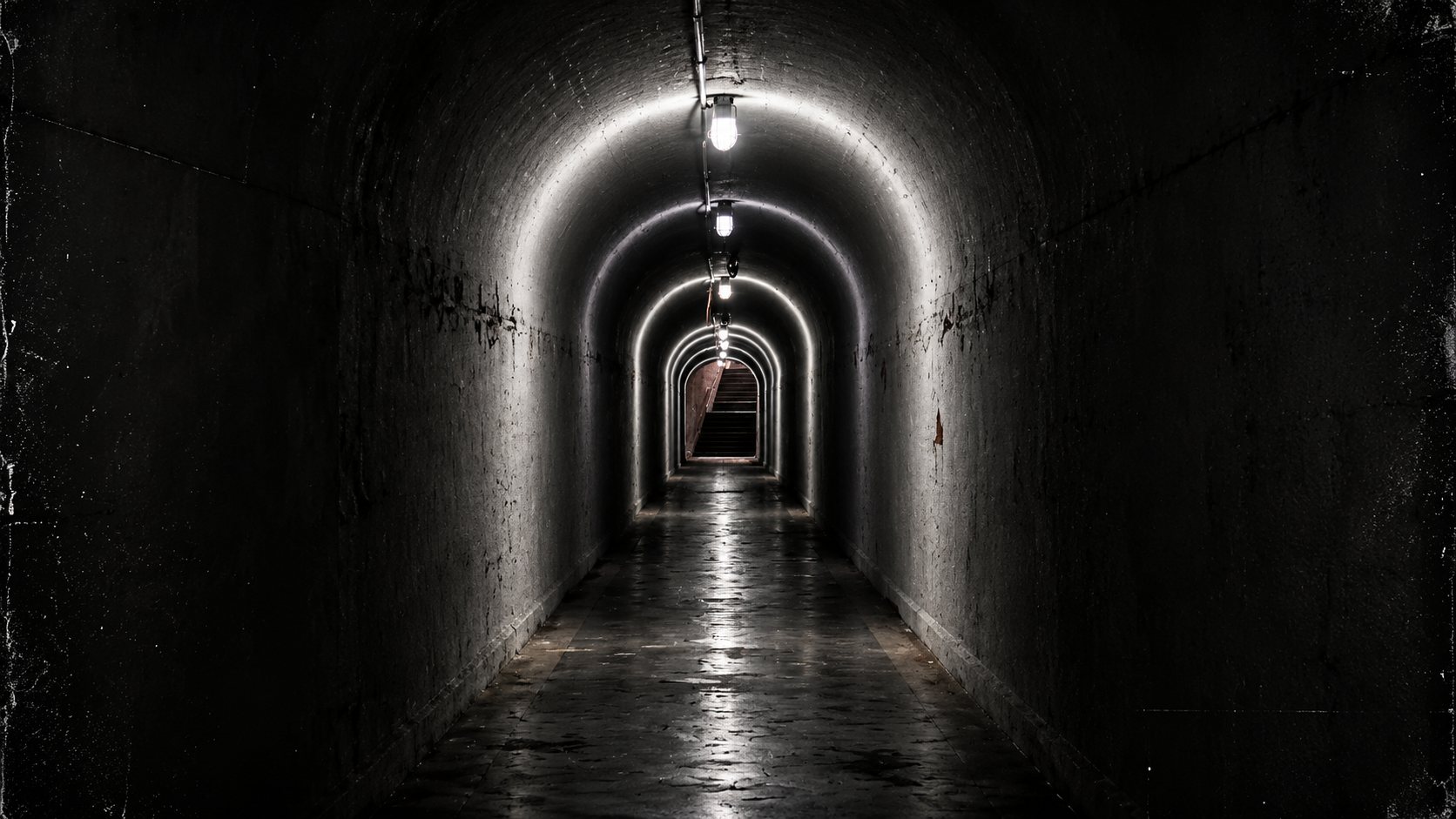Túnel subterrâneo iluminado por luminárias em arco, com escada ao fundo